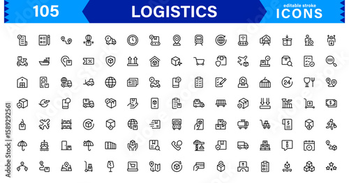 Logistics Icon Set Featuring Delivery, Transportation, Supply Chain, and Warehouse Symbols in Vector Style