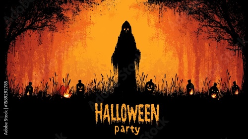 Spooky Halloween party with carved pumpkins and eerie figures in a dark forest at night