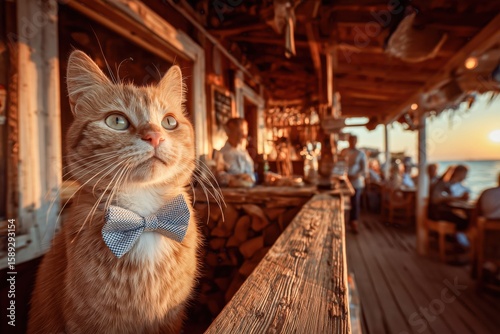 Cat enjoying a sunset at a beachside restaurant