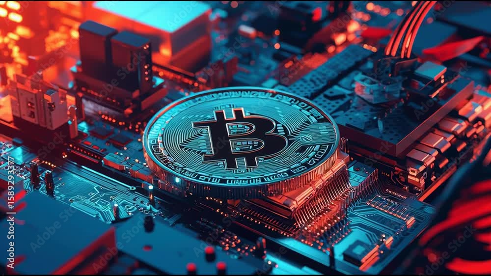 Ai-enhanced cryptocurrency mining displaying a bitcoin coin resting on a computer for digital asset generation. Bitcoin on Circuit Board – Animated Video Version