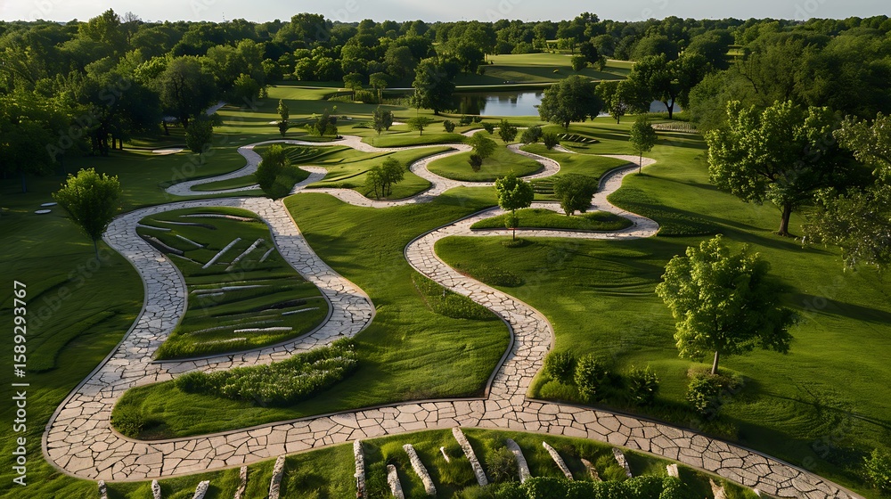 Naklejka premium Colorful spring park with birds-eye view of tree-covered lake, dappled light on the stone path weaving through the greenery.