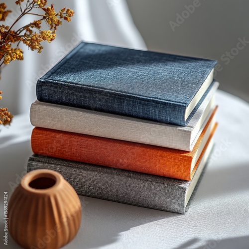 Cozy Arrangement of Stacked Books With Floral Accent in Soft Light at a Home ...