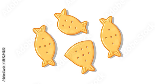 fish shaped, cat biscuits, illustration, pet treats, cartoon style, cute, snack, animal treats, kitty food, fish cookie, crunchy treats, vector, drawing, doodle, playful, pet snack, feline treat, fish