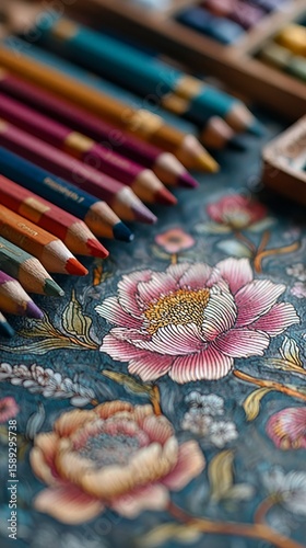 Colorful Art Supplies Arranged Neatly Beside a Detailed Floral Design on Paper.