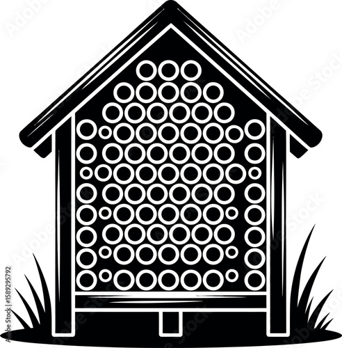 Black and white illustration of a bee hotel with grass insect house bug hotel 2