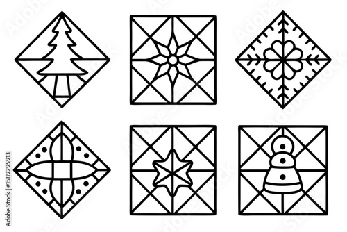Festive Quilt Pattern Line Art Vector Set