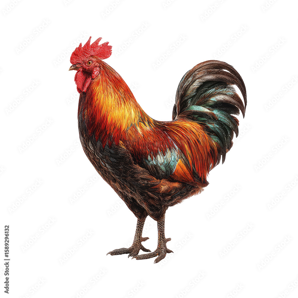 Fototapeta premium Rooster in profile view, vibrant plumage