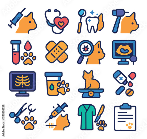 Pet health icon collection. simple veterinary care, clinic tools, cat, dog, medicine