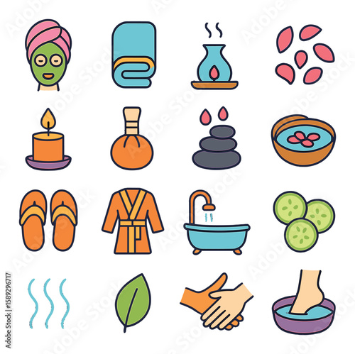 Spa relaxation icon collection. wellness and calm simple icons: mask, towel, aromatherapy, bath, candle, slippers, leaves