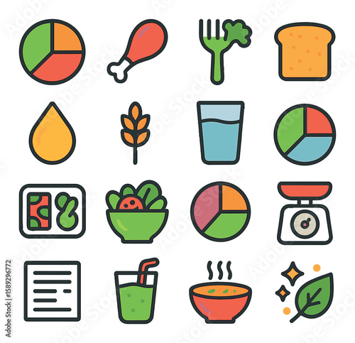Balanced meal icon collection. nutrition and food flat icons. plate, chicken, fork, bread, water, vegetables, leaf, scale, soup, grain