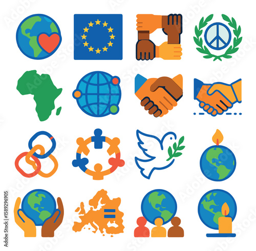 Global unity icon collection. peace, globe, diversity, handshake, dove, flat style