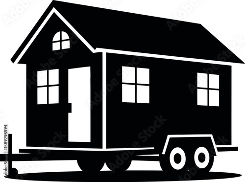 Black silhouette of a tiny house on wheels with windows and a door mobile home dwelling