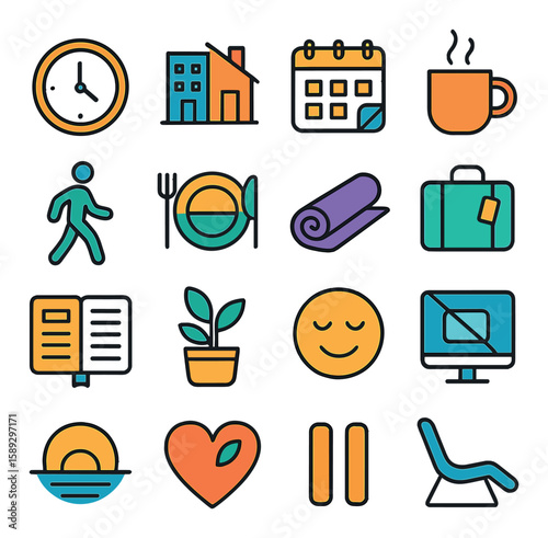 Work life balance icon collection: simple linear icons for clock, home, coffee, yoga, and more