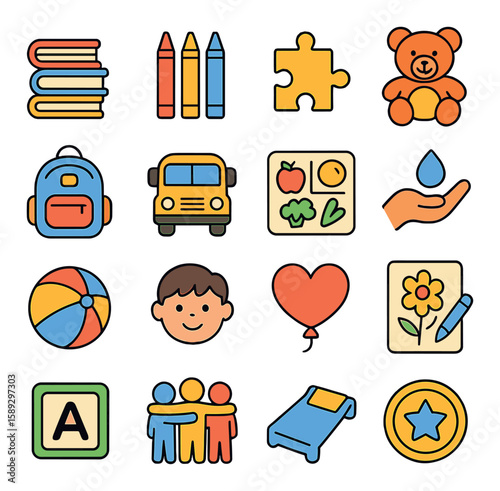 Children program icon collection. kids education flat symbols: books, crayons, puzzle, teddy,