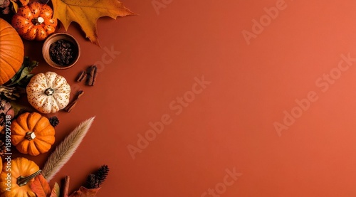 Harvest Arrangement With Pumpkins, Spices, and Nature Elements on Warm Brown ...