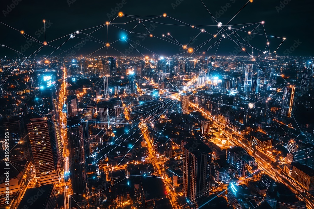 Naklejka premium Modern city skyline at night with illuminated buildings and network connection overlay