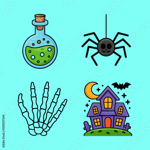Vector art of a spooky halloween set featuring a potion, spider, skeleton hand, and haunted house