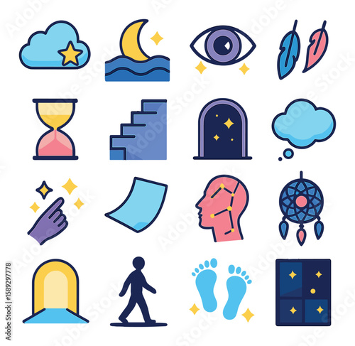 Dream symbols icon collection. night, eye, feather, cloud, hourglass, silhouette