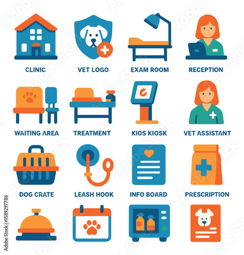 Dog clinic icon collection. veterinary care flat icons: clinic, vet, exam room, treatment, leash, prescription, reception, vet assistant, dog crate