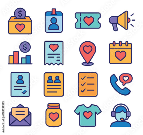 Charity icon collection: simple linear icons for donation, volunteer, fundraising, heart, money, event, support,