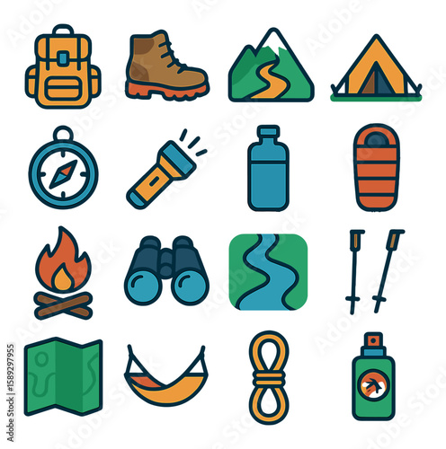 Outdoor adventure icon collection. simple hiking, camping, compass, map, gear, boot, fire