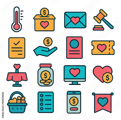 Fundraising icon collection. vibrant donation flat icons. thermometer, box, heart, ticket, coin, gavel, list,