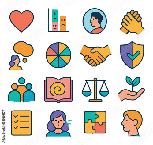 Emotional development icon collection. flat emotion, growth, communication, balance, trust,