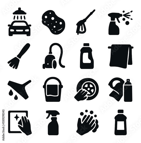 Car wash icon collection. cleaning tools silhouette icons: sponge, spray, towel, bucket, brush, vacuum, bottle, hand, squeegee