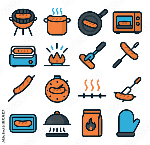 Hot dog cooking icon collection. kitchen tools simple style. grill, pan, oven, tongs, timer