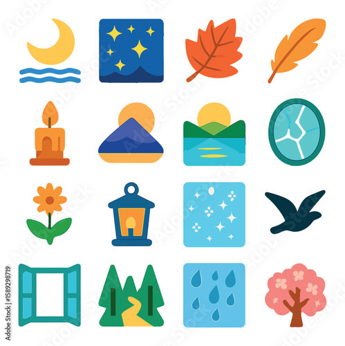 Nature icon collection: poetic elements in simple silhouette style. moon, stars, leaf, feather, mountain, flower, bird, tree