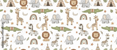 Adorable Baby Safari Animal Seamless Pattern - Elephant, Lion, Giraffe, Zebra, Crocodile. 