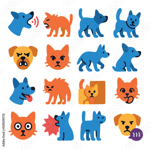 Animal behavior icon collection. simple animal activities silhouette. dog, cat, reaction, emotion