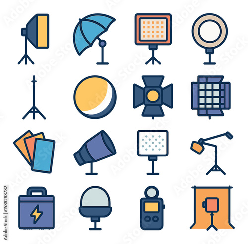 Studio lighting icon collection. photography equipment flat icons: softbox, umbrella, reflector, light stand, flash, backdrop, battery pack, diffuser