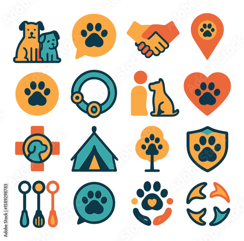 Dog community icon collection: simple style. paw, handshake, location, tent, heart