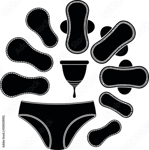 Black silhouette of menstrual cup panty and pads on white background underwear sanitary pad