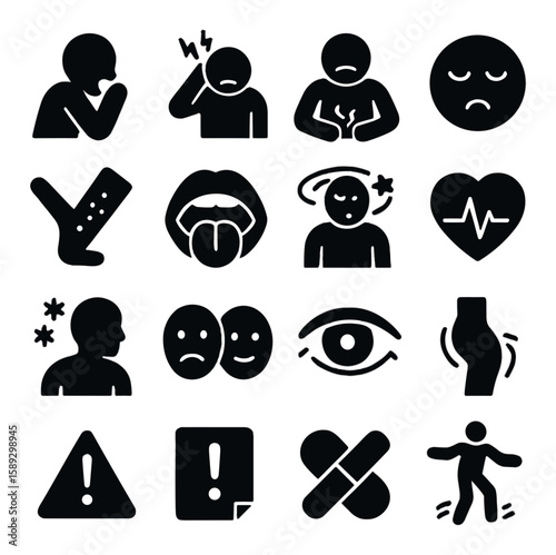 Medication icon collection: symptoms, pain, alert, health, heartbeat simple silhouette