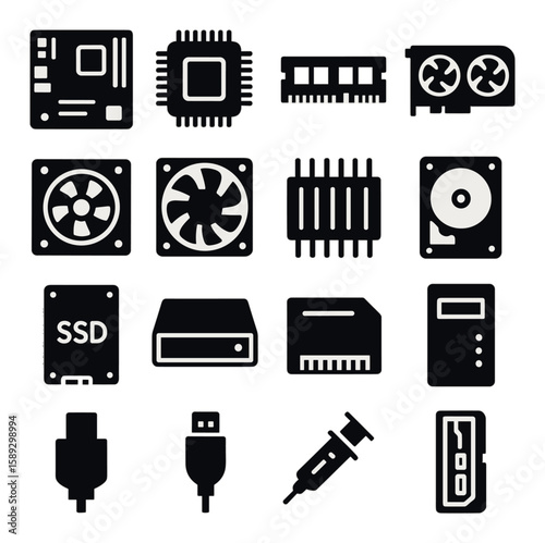 Hardware icon collection. computer components silhouette icons. cpu, ssd, ram, gpu, fan, hard drive, usb,