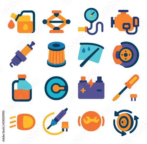Vehicle maintenance icon collection. engine, battery, oil, filter, brake, tire flat