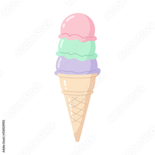 Vector Illustration of Ice Cream Cone with Three Scoops in Pastel Colors in Modern Minimalist Style
