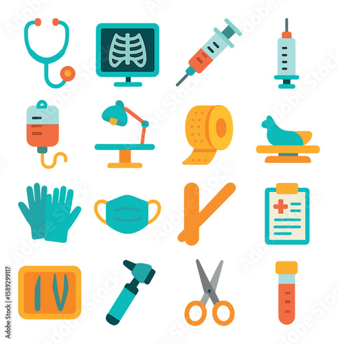 Veterinary equipment icon collection. simple medical tools silhouette set. stethoscope, syringe, microscope, scissors, gloves, thermometer