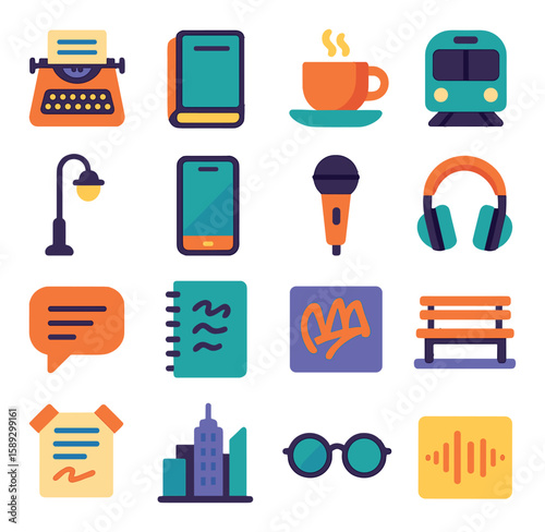 Modern poetry icon collection: simple flat design. typewriter, book, microphone, pen, music, train, lamp, phone, cup, chat, eyeglasses, bench