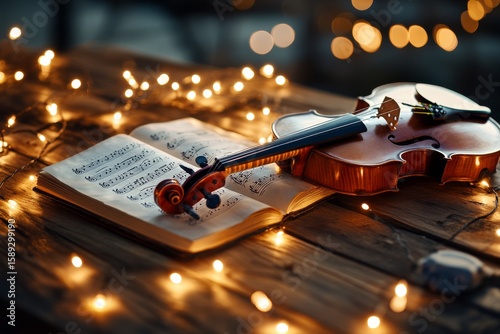Violin Resting on a Music Sheet Surrounded by Warm Fairy Lights During a Cozy...
