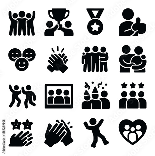Team spirit icon collection. simple silhouette style: trophy, medal, applause, celebration, unity