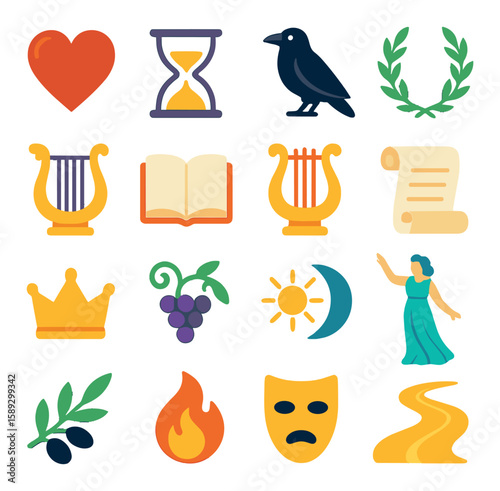 Poetic symbols icon collection: elegant flat icons - heart, hourglass, raven, lyre, scroll, mask
