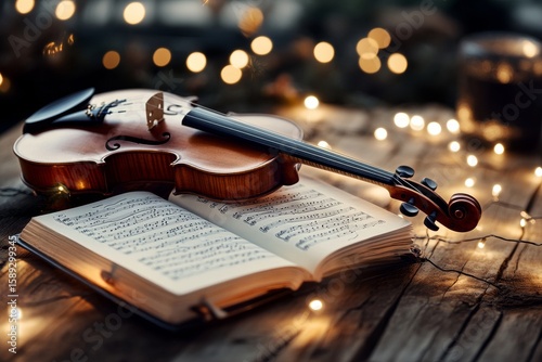 Violin Resting on a Music Sheet Surrounded by Warm Fairy Lights During a Cozy...