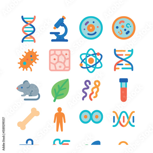 Biology research icon collection. simple biological, science, dna, microscope, cell, atom, mouse, leaf, bacteria