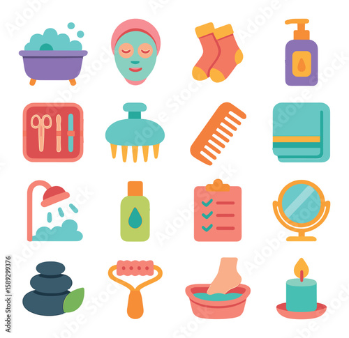 Self care essentials icon collection. pampering silhouette set. bath, mask, socks, candle, towel, comb, mirror,
