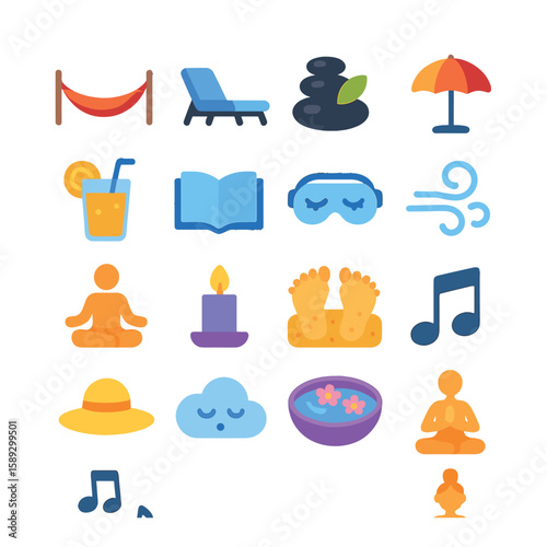Relaxation icon collection. calm morning, meditation, candle, hammock, hat, spa, music, sleep, breeze, foot massage, yoga, juice, book, chair silhouette