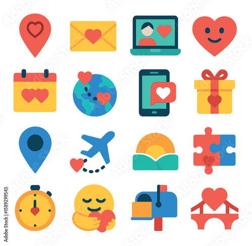 Long distance love icon collection. simple love elements: heart, map, mail, phone, gift, airplane, bridge