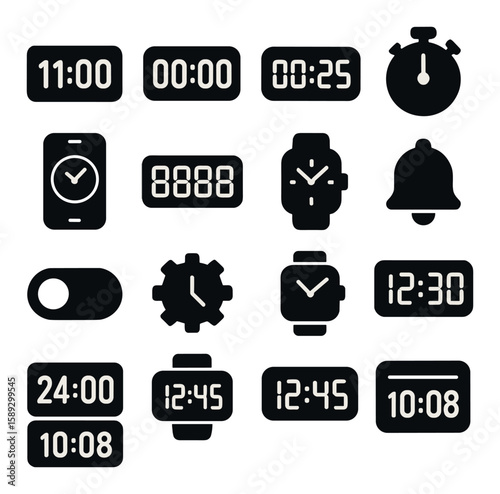 Digital clock icon collection. modern timepiece silhouette icons. clock, timer, stopwatch, alarm